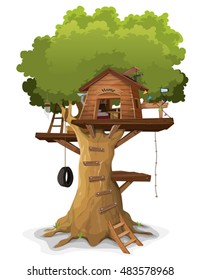 Tree House/
Illustration of a cartoon kid's tree house, constructed in a big oak with home objects and accessories inside, isolated on white background
