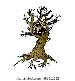 Tree house illustration. Doodle style. Design icon, print, logo, poster, symbol, decor, textile, paper, card. 