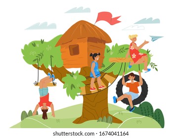 Tree house kids activity on nature game banner. Children cartoon characters playing on playground in kindergarten on at park. Summer leisure and vacation, recreation. Flat vector illustration.