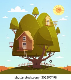 Tree house. Kids background. Vector illustration.