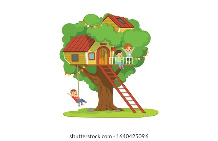 Tree House for Kids, Boys Playing and Having Fun in Treehouse, Kids Playground with Swing and Ladder Vector Illustration