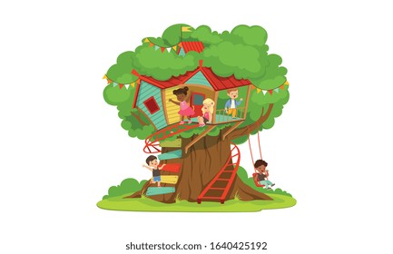 Tree House for Kids, Cute Happy Boys and Girls Playing and Having Fun in Treehouse, Kids Playground with Swing and Ladder Vector Illustration