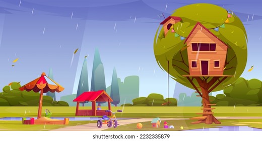 Tree house and kids playground on green lawn at rainy weather. Garden, park or house backyard with wooden hut, sandbox and toys for children summer games and fun activities Cartoon vector illustration