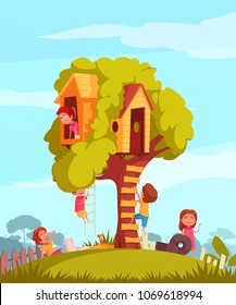 Tree house with ladder and joyful children during games on blue sky background cartoon vector illustration