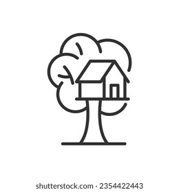 Tree house, linear icon, building built on a tree. Line with editable stroke