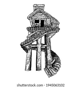 Tree House For Living In Jungles. Fantasy House On Stilts Made Of Wood For Living On Water. Summer Camp Vacation Kids Cabin. Rural Bungalow For Hunters. Forest Shack Or Booth. Vector. 