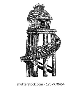 Tree House For Living In Jungles. Fantasy House On Stilts Made Of Wood For Living On Water. Summer Camp Vacation Kids Cabin. Rural Bungalow For Hunters. Forest Shack Or Booth. Vector. 