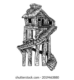 Tree House For Living In Jungles. Fantasy House On Stilts Made Of Wood For Living On Water. Summer Camp Vacation Kids Cabin. Rural Bungalow For Hunters. Forest Shack Or Booth. Vector. 