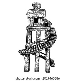 Tree House For Living In Jungles. Fantasy House On Stilts Made Of Wood For Living On Water. Summer Camp Vacation Kids Cabin. Rural Bungalow For Hunters. Forest Shack Or Booth. Vector. 