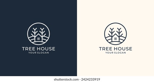 Tree house logo with creative modern outline concept circle template Premium Vector