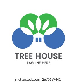 Diseño del logotipo de la casa del árbol con los colores azules y verdes