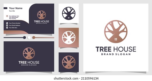Tree house logo design with creative element concept Premium Vector