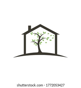 Diseño del logo de la casa de árbol. Empresa y negocio con el logotipo de la casa arbórea mínima. Plantilla de diseño vectorial Eco House. 