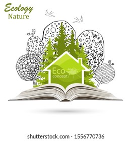 Tree and house logo design template on open book. Doodle. Building. The concept of ecology, to save the planet. Eco friendly. Environmentally friendly world. Drawn. Vector illustration. Black-white. 