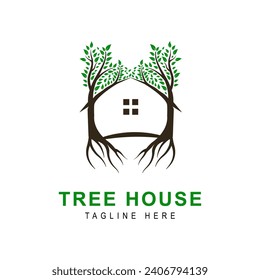 Plantilla vectorial de diseño del logotipo de la casa de árbol. Logo de Nature House para negocios relacionados con el cuidado del medio ambiente.