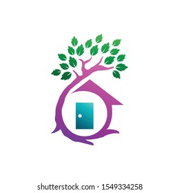 Tree house logo, green house,
leaf icon for real estate, property, residence. Green house logo symbol vector design.