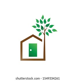 Tree house logo, green house,
leaf icon for real estate, property, residence. Green house logo symbol vector design.