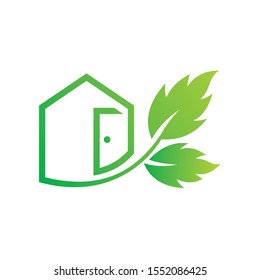 Tree house logo, green house,
leaf icon for real estate, property, residence. Green house logo symbol vector design.
