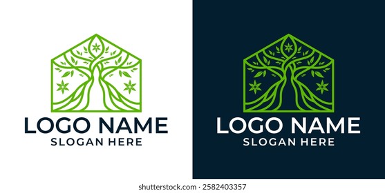 Tree house logo with leaf decoration in minimalist line design concept.