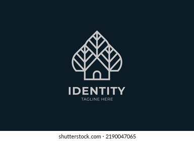 Tree House Logo, modern and elegant house and tree combination in line style, flat design logo template, vector illustration