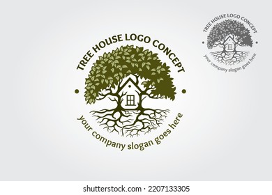 Tree House logo Template. The main symbol of the logo is a tree, but here incorporate with the house this logo symbolizes a neighborhood, protection, peace, growth, and care or concern to development.