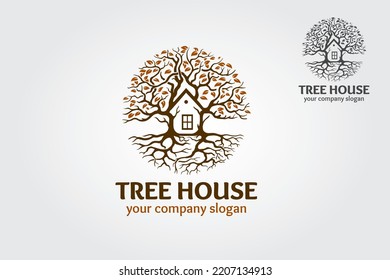 Plantilla de logotipo de Tree House. El símbolo principal del logo es un árbol, pero aquí incorporan con la casa este logo simboliza un barrio, protección, paz, crecimiento y cuidado o preocupación por el desarrollo.