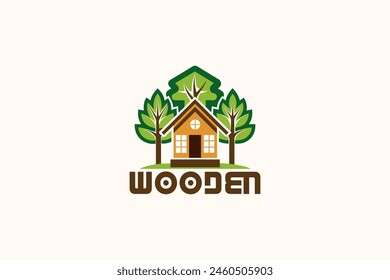 A tree house logo that represents a life close to nature with buildings built from natural wood.