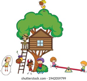 Tree house with many kids doing different activities illustration