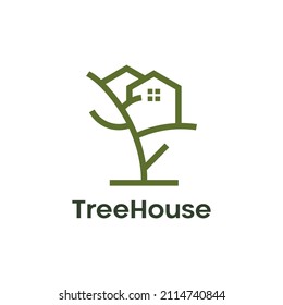 Tree House Nature Leaf Forest Line Art Style Icon Logo Design