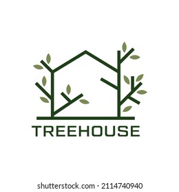 Tree House Nature Leaf Forest Line Art Style Icon Logo Design