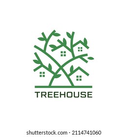 Tree House Nature Leaf Forest Line Art Style Icon Logo Design