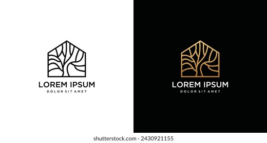 Tree house nature logo design, tree at home concept. House logo made with stripes
