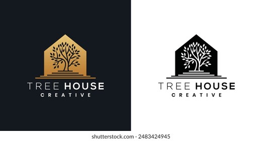 Diseño del logotipo de la naturaleza de la casa del árbol, concepto del árbol en casa. Logotipo de la casa hecho con rayas	