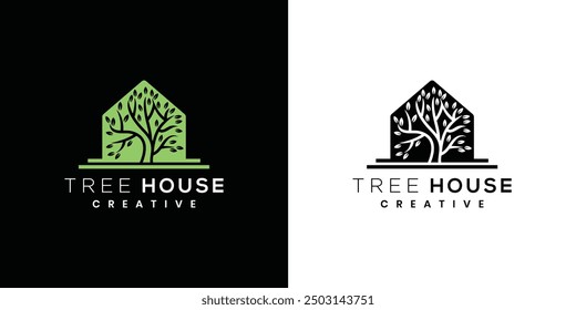 Tree house nature logo design illustration. tree concept logo icon with house.	