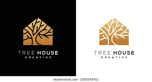 Tree house nature logo design, tree concept in the house.	