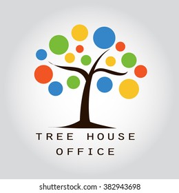  Tree house office logo.Ecological house icon.Eco house with green leaves. House logo.