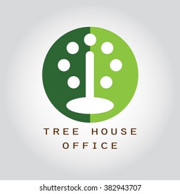  Tree house office logo.Ecological house icon.Eco house with green leaves. House logo.