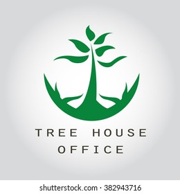  Tree house office logo.Ecological house icon.Eco house with green leaves. House logo.