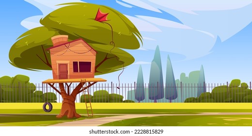 Tree house on fenced green lawn, kids hut in garden, park or house backyard. Wooden construction with ladder and tyre swing for children summer games and fun activities, Cartoon vector illustration