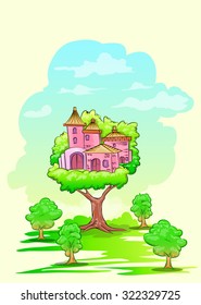 Tree house on higher tree hand draw illustration