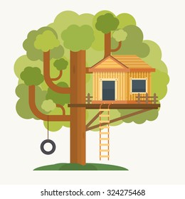 Tree House. House On Tree For Kids. Children Playground With Swing And Ladder. Flat Style Vector Illustration.