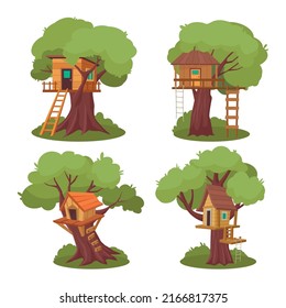 tree house. outdoor living place for kids wooden playground vector cartoon plants illustrations
