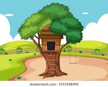Tree house in the park scene illustration