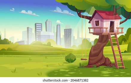 Tree house for playing in kids games with swing, ladder against the background of city.Country woodland cabin for summer