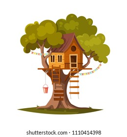 Tree house for playing and parties. House on tree for kids. Children playground. Wooden town, rope park between green foliage. Summer camp vacation. Flat cartoon style. Vector illustration, isolated
