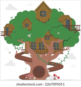 Tree house for playing and parties. House on tree for kids. Children playground. Wooden town, rope park between green foliage. Summer camp vacation. Flat cartoon style. Vector illustration, isolated