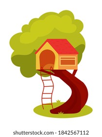 Casa de árbol con escalera de cuerda aislada en fondo blanco