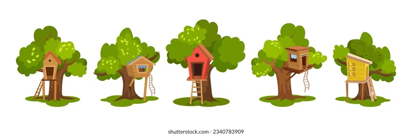 Tree House as Shelter with Ladder Among Green Crown Vector Set