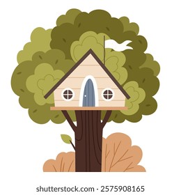Tree house in simple flat style.Fairytale little homes in plant branches. Playing park constructions