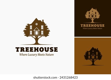 tree house with a small structure on top logo. Suitable for showcasing unique architecture, unconventional living spaces, and childhood dreams.